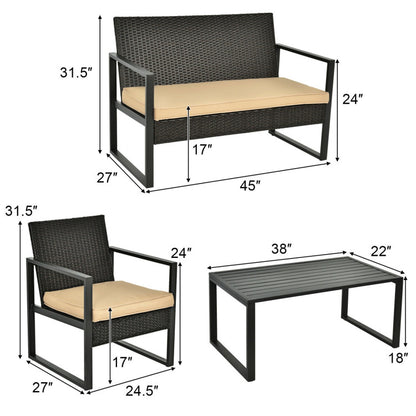 4-Piece Patio Rattan Furniture Set with Seat Cushions and Coffee Table