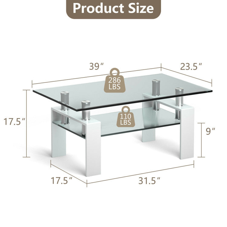 2-Tier Rectangle Glass Coffee Table with Storage Shelf for Living Room