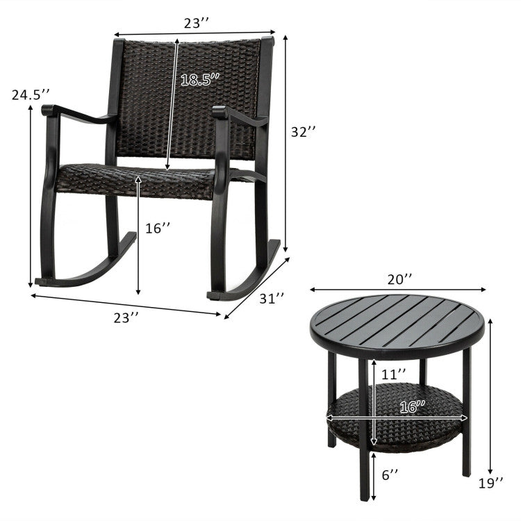 3-Piece Patio Rattan Furniture Set with Coffee Table and Rocking Chairs