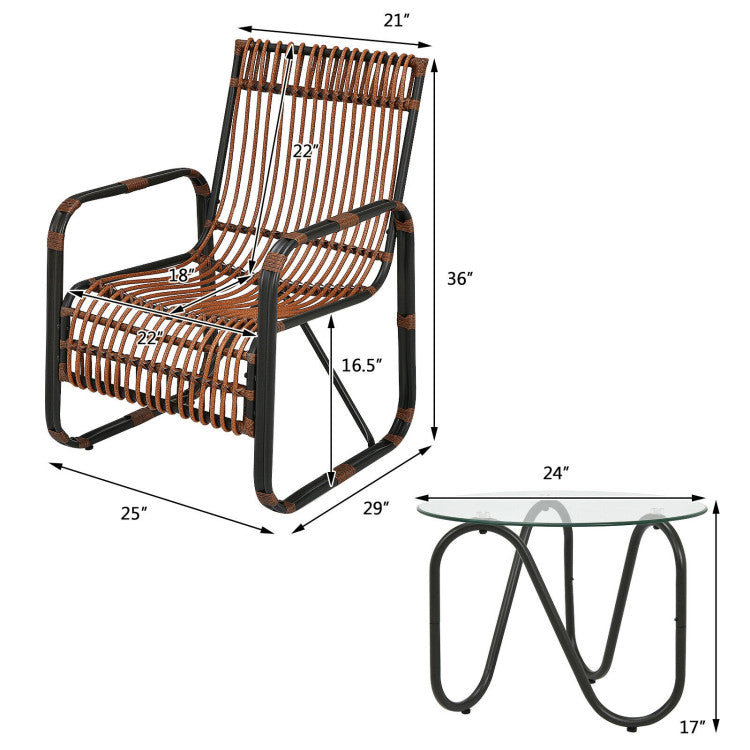 3 Pieces Patio Rattan Furniture Set with 2 Single Wicker Chairs and Glass Side Table