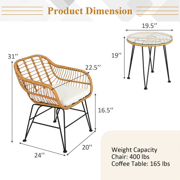 3-Piece Rattan Furniture Set with Cushioned Chair Table