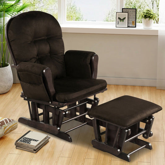 Solid Wood Gliding Chair Set with Pockets and Ottoman for Relaxing