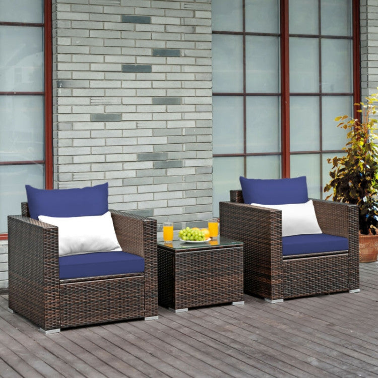 3-Piece Patio Conversation Rattan Furniture Set with Cushion