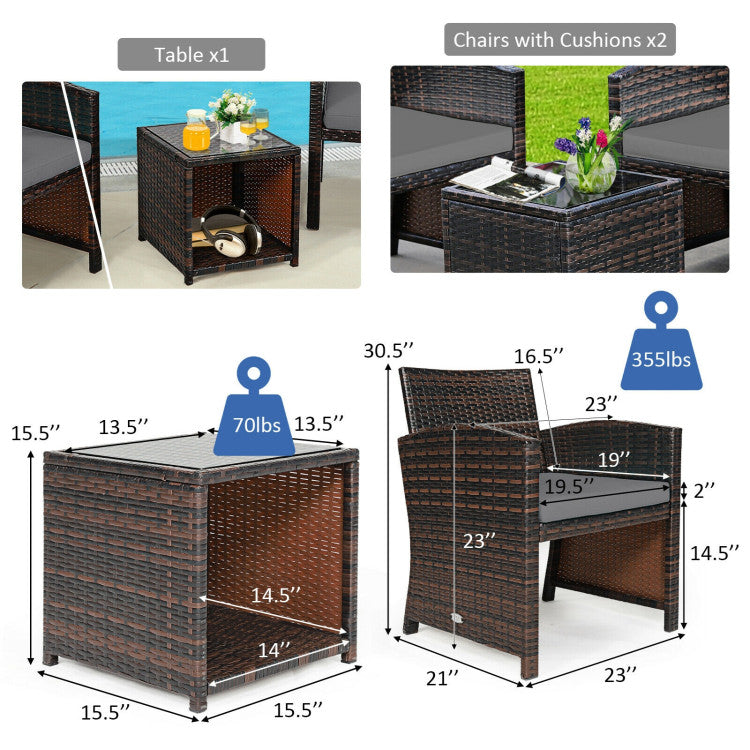 3-Piece PE Rattan Wicker Furniture Set with Cushion Sofa and Coffee Table