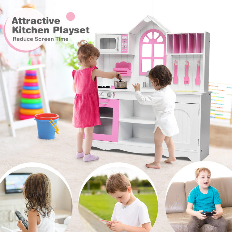 Costway Wood Toy Kitchen Kids Cooking Pretend Play Set