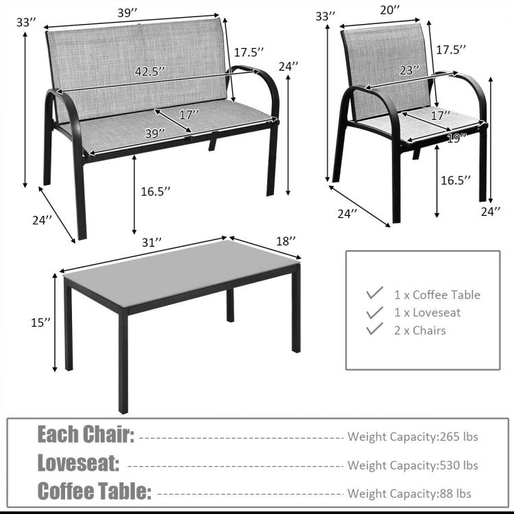 4-Piece Patio Furniture Set with Glass Top Coffee Table