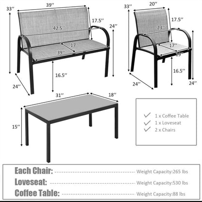 4-Piece Patio Furniture Set with Glass Top Coffee Table