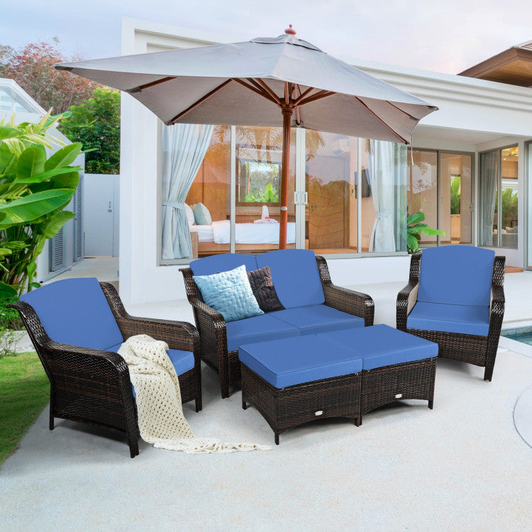 5-Piece Patio Rattan Sofa Set with Cushion and Ottoman