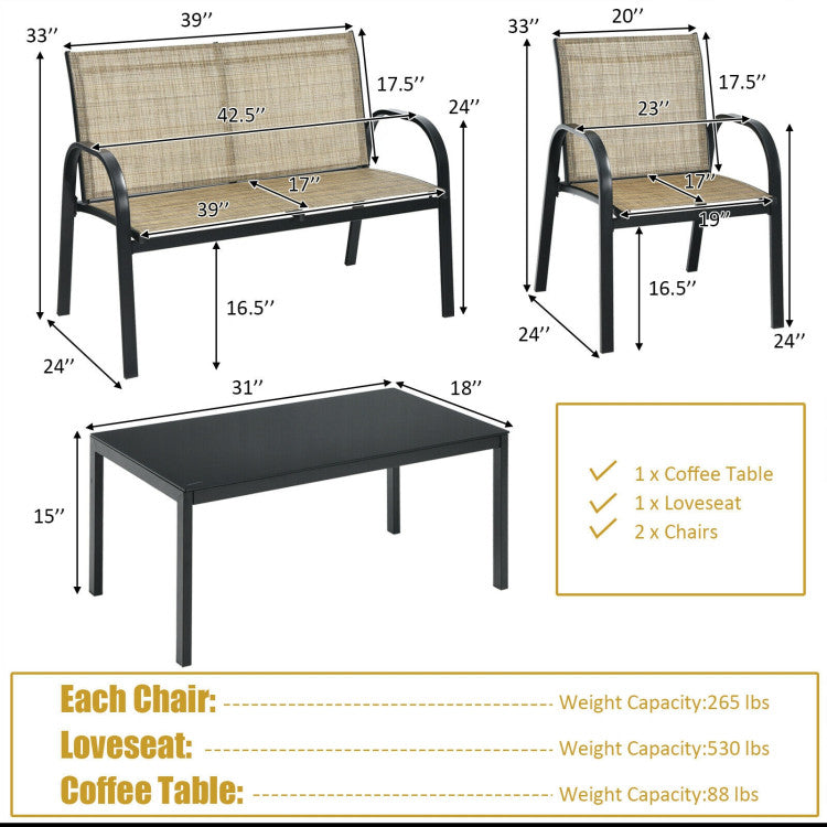 4-Piece Patio Furniture Set with Glass Top Coffee Table