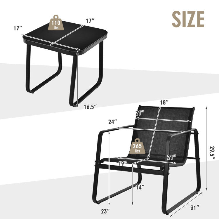 3-Piece Patio Bistro Furniture Set with Glass Top Table Garden Deck