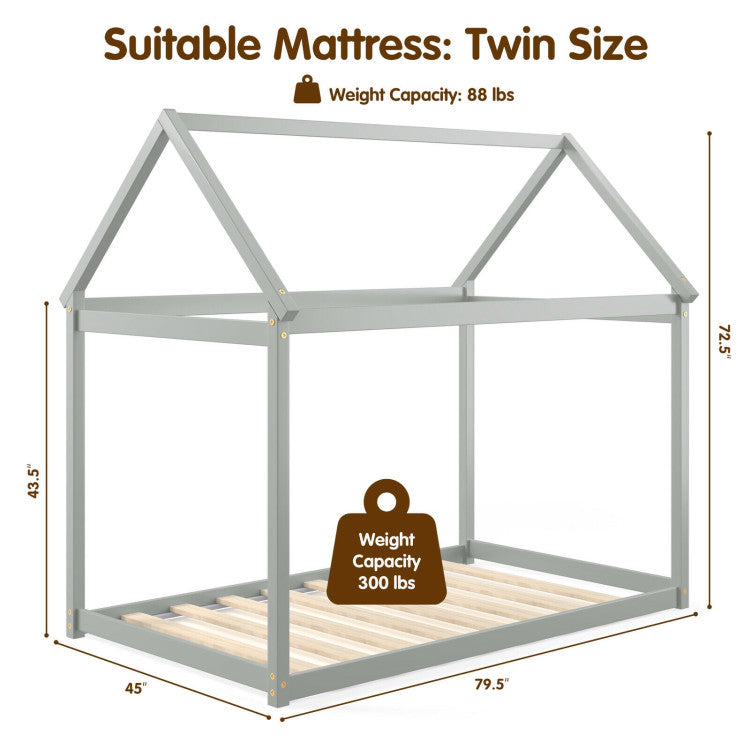 Twin Size Kids House Bed Wood Frame with Roof