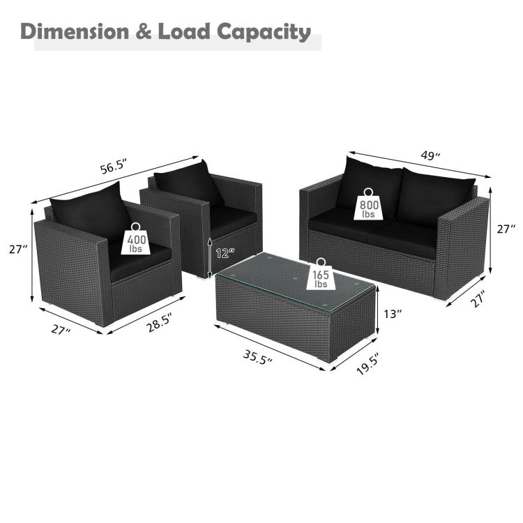 4-Piece Patio Rattan Conversation Set with Padded Cushion and Tempered Glass Coffee Table