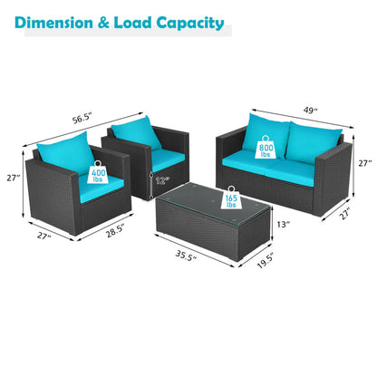 4-Piece Patio Rattan Conversation Set with Padded Cushion and Tempered Glass Coffee Table