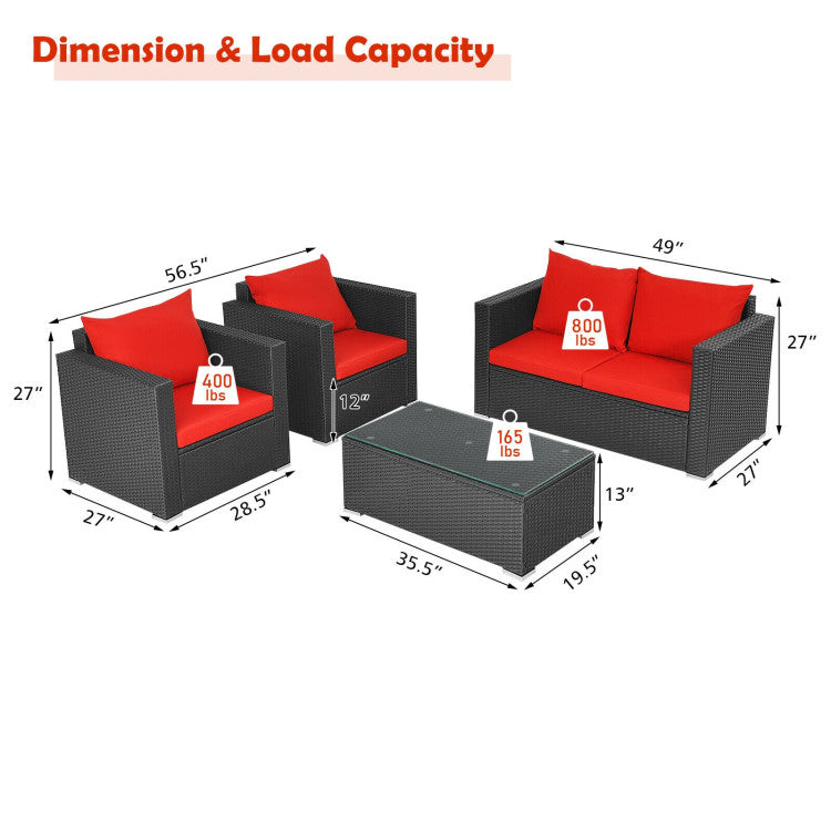 4-Piece Patio Rattan Conversation Set with Padded Cushion and Tempered Glass Coffee Table