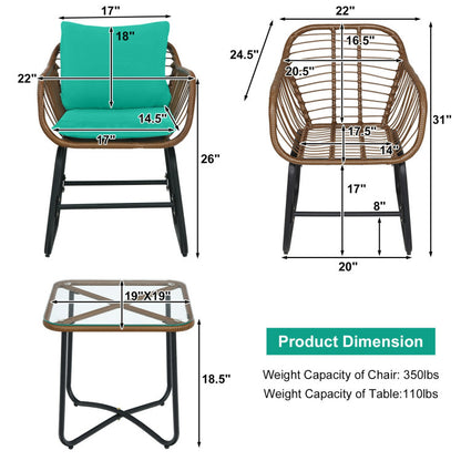 3-Piece Patio Rattan Bistro Set Cushioned Chair Glass Table Deck