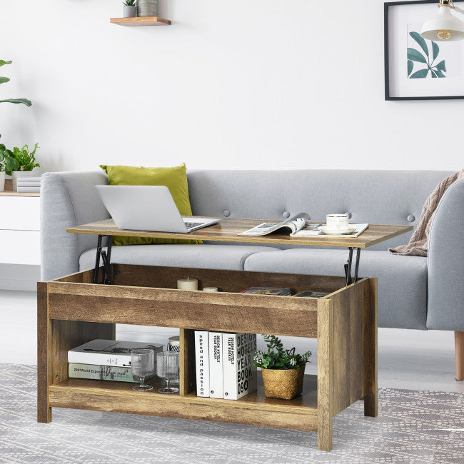 Lift Top Coffee Table with Hidden Storage Compartment and Lower Shelf for Study Room