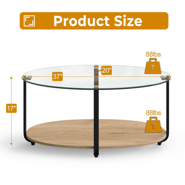 2-Tier Glass-Top Modern Coffee Table with Storage Shelf