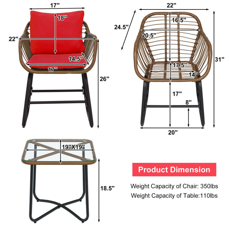 3-Piece Patio Rattan Bistro Set Cushioned Chair Glass Table Deck