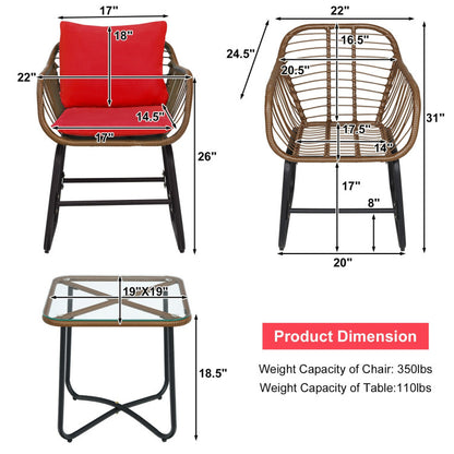 3-Piece Patio Rattan Bistro Set Cushioned Chair Glass Table Deck