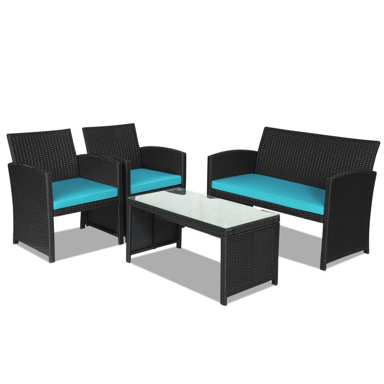 4-Piece Wicker Conversation Furniture Set Patio Sofa and Table Set