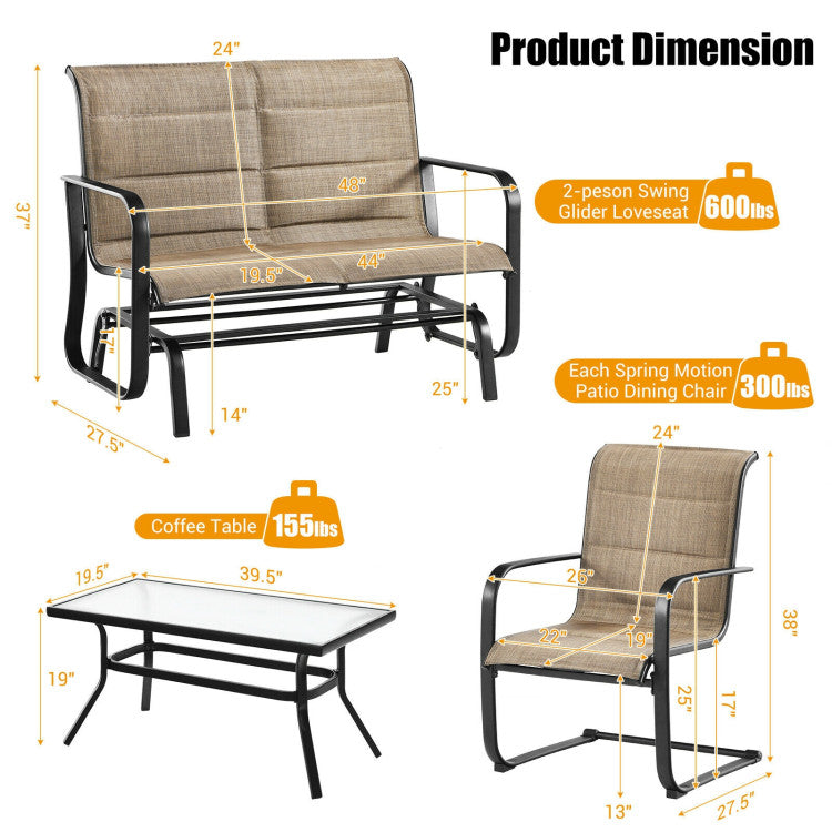 4-Piece Outdoor Patio Furniture Set with Padded Glider Loveseat and Coffee Table