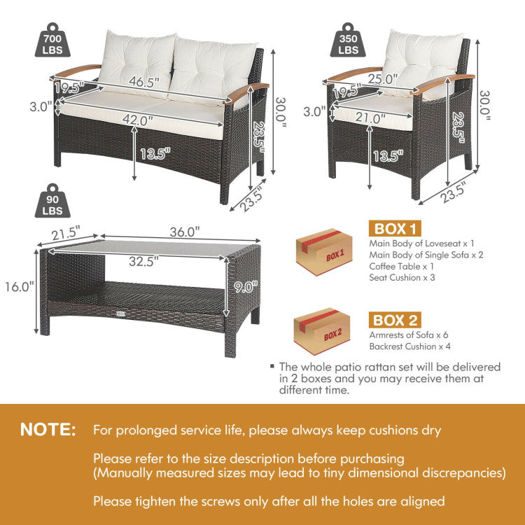 4-Piece Patio Rattan Furniture Set with Cushioned Sofa and Storage Table