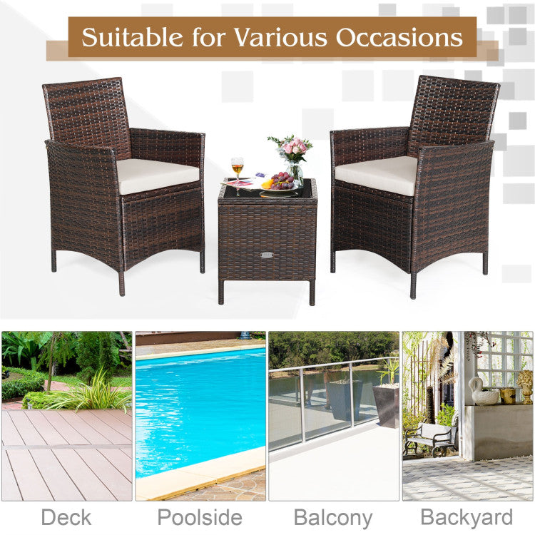 3-Piece Patio Rattan Furniture Set Cushioned Sofa and Glass Tabletop