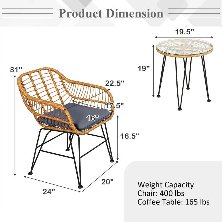 3-Piece Rattan Furniture Set with Cushioned Chair Table