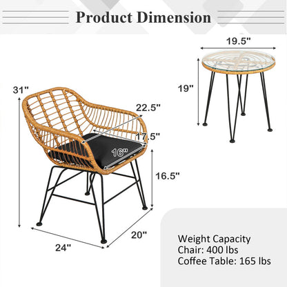 3-Piece Rattan Furniture Set with Cushioned Chair Table