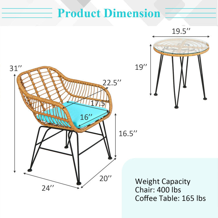 3-Piece Rattan Furniture Set with Cushioned Chair Table