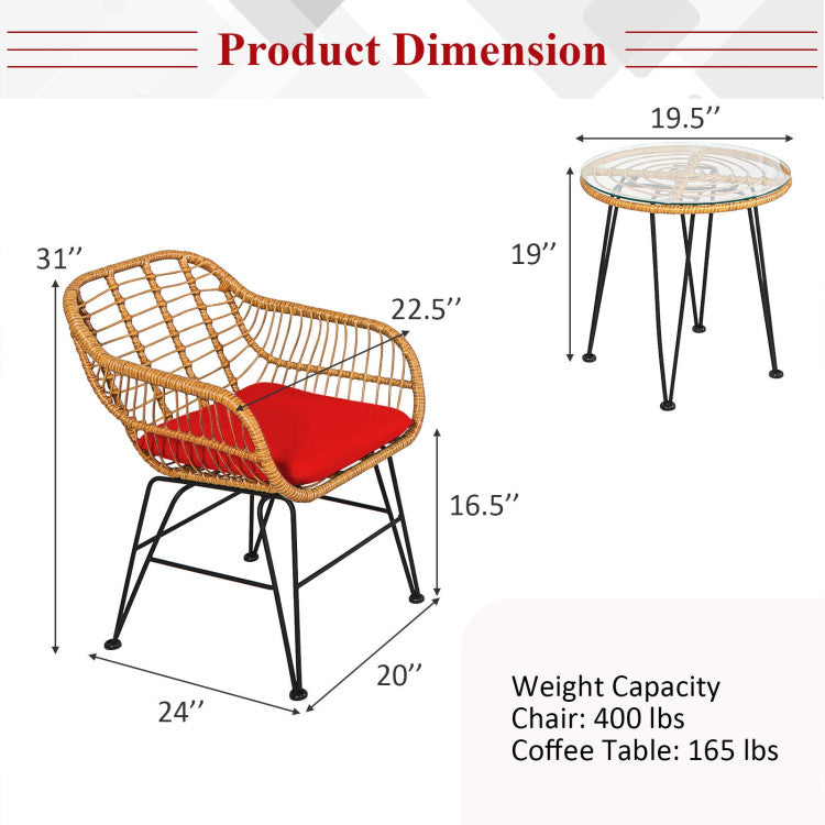 3-Piece Rattan Furniture Set with Cushioned Chair Table