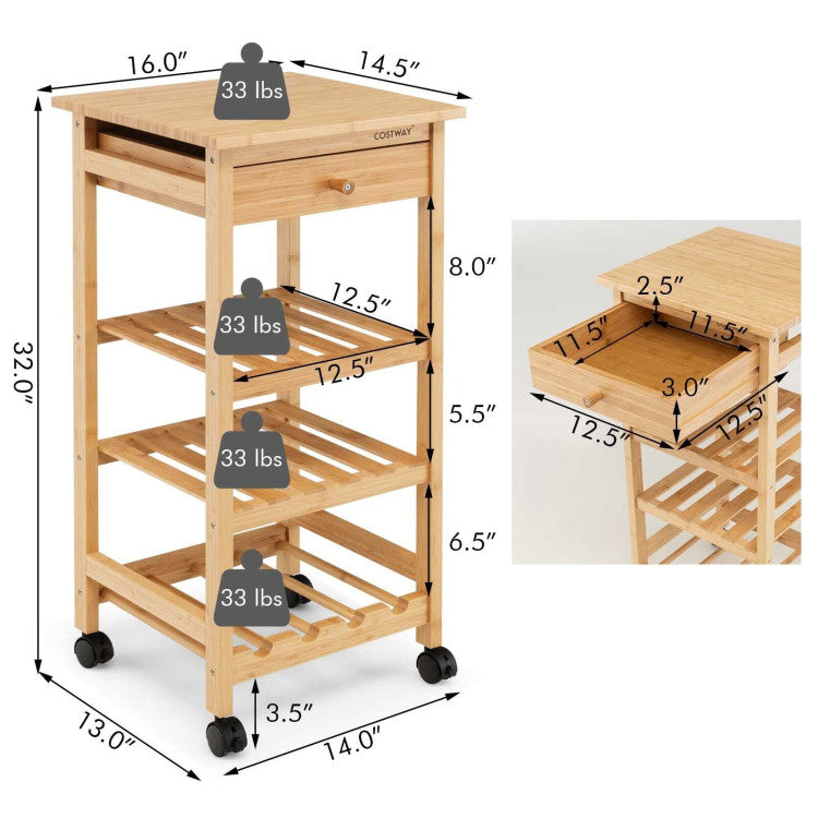 Bamboo Rolling Small Storage Cart with Drawer and Shelves