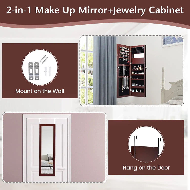 Lockable Wall Door Mounted Mirror Jewelry Cabinet with LED Lights