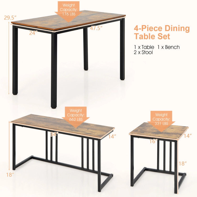 4 Pieces Space-Saving Dining Table Set with Bench and 2 Stools