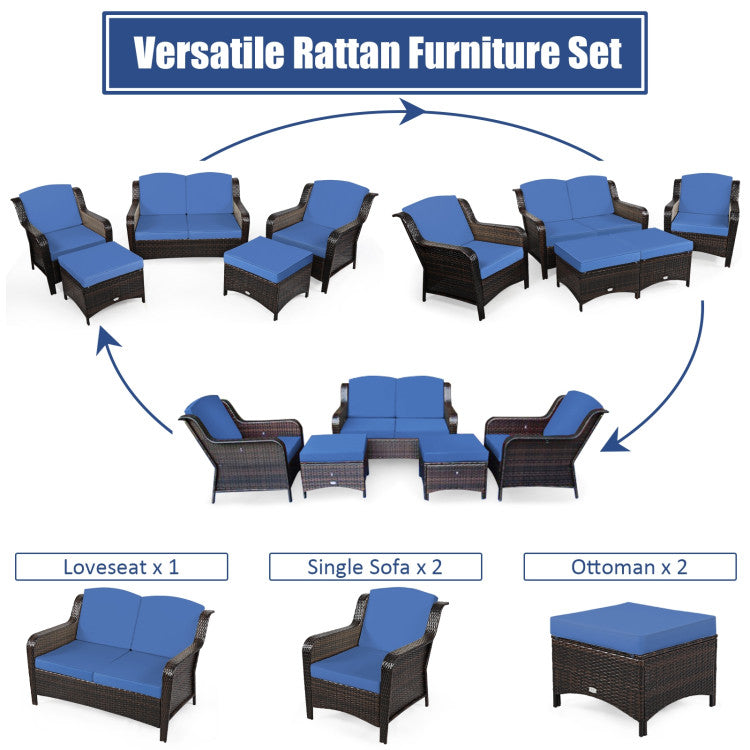 5-Piece Patio Rattan Sofa Set with Cushion and Ottoman