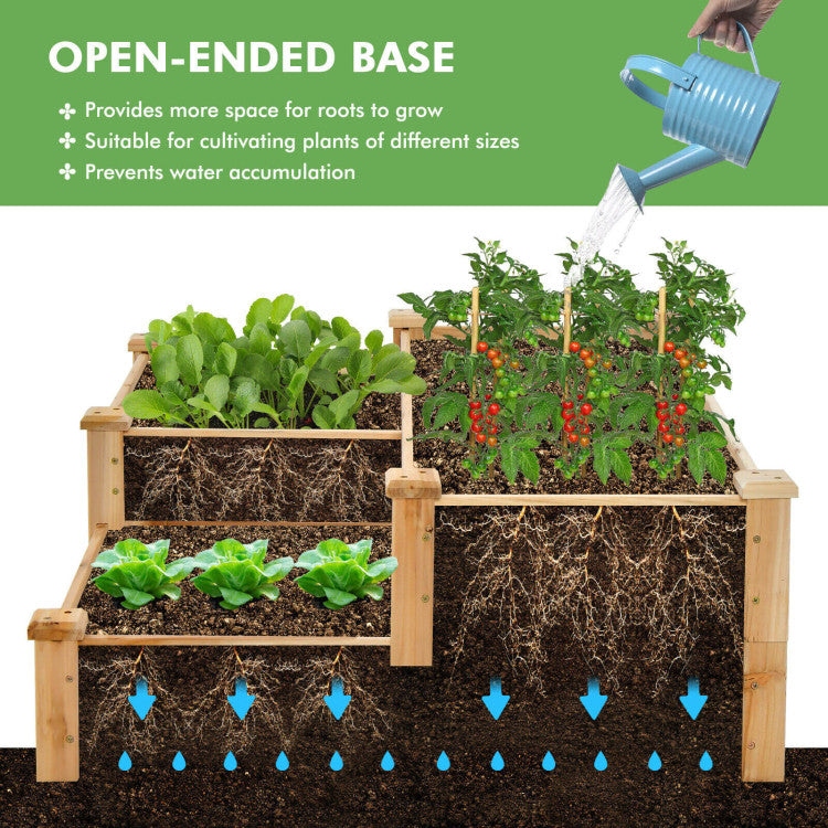 3-Tier Wooden Raised Garden Bed with Open-Ended Base