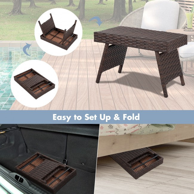 Folding PE Rattan Side Coffee Table Patio Garden Furniture