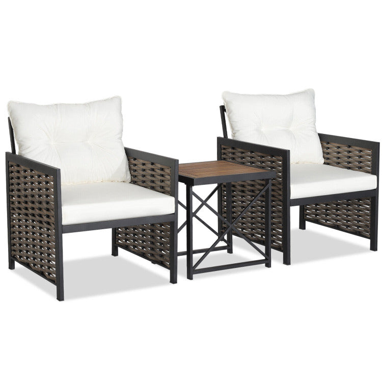 3-Piece Patio Rattan Furniture Set with Acacia Wood Tabletop