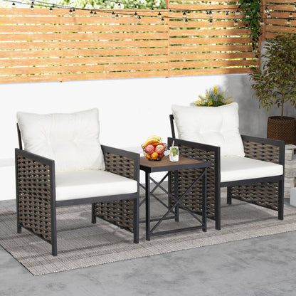 3-Piece Patio Rattan Furniture Set with Acacia Wood Tabletop