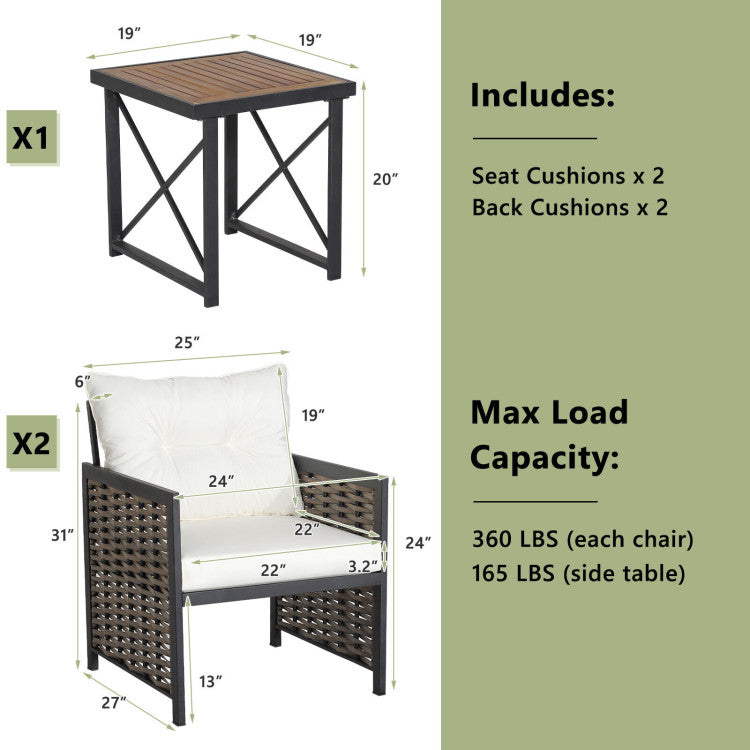 3-Piece Patio Rattan Furniture Set with Acacia Wood Tabletop