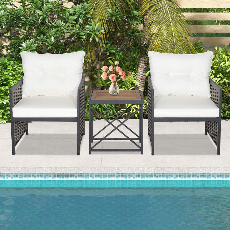 3-Piece Patio Rattan Furniture Set with Acacia Wood Tabletop