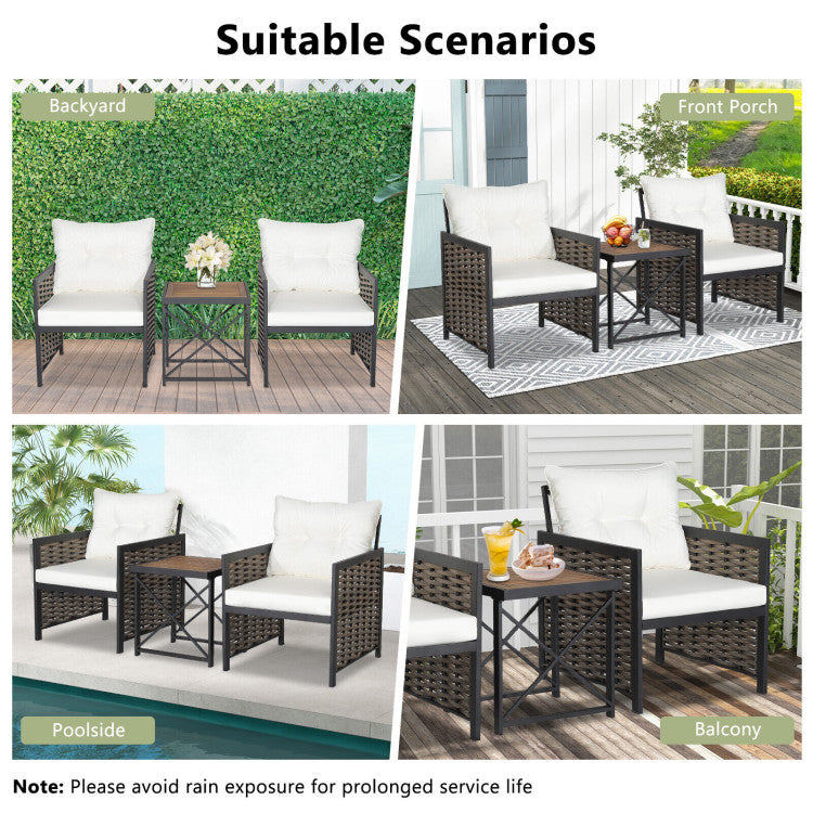 3-Piece Patio Rattan Furniture Set with Acacia Wood Tabletop