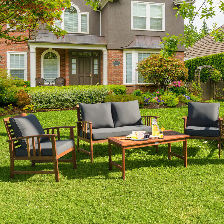 4-Piece Wooden Patio Sofa Chair Set with Cushion