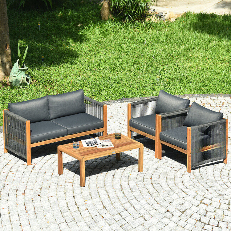 4-Piece Acacia Wood Sofa Set with Cushions for Outdoor Patio