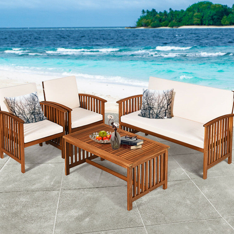 4-Piece Patio Solid Wood Furniture Set with Water Resistant Cushions