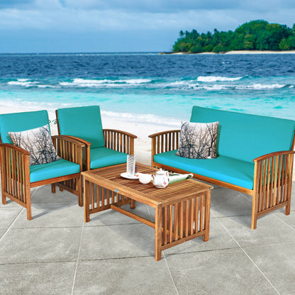 4-Piece Patio Solid Wood Furniture Set with Water Resistant Cushions