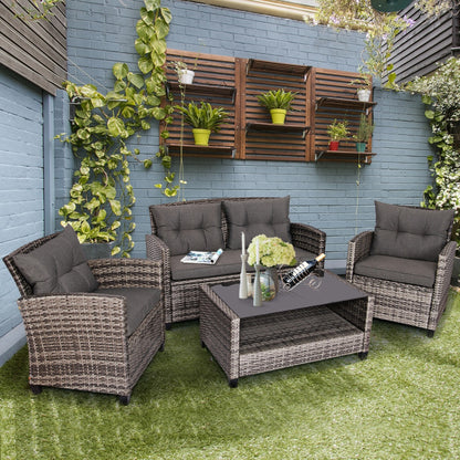 4-Piece Patio Rattan Furniture Set Coffee Table Cushioned Sofa