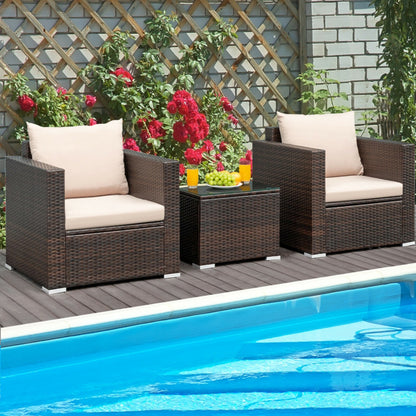 3-Piece Patio Conversation Rattan Furniture Set with Cushion