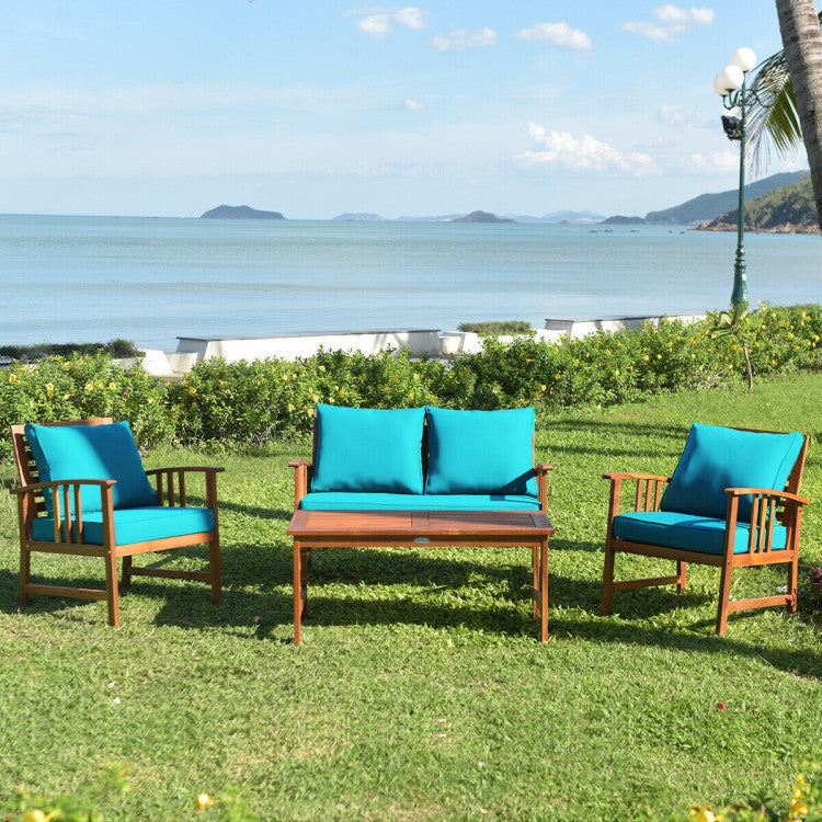 4-Piece Wooden Patio Sofa Chair Set with Cushion