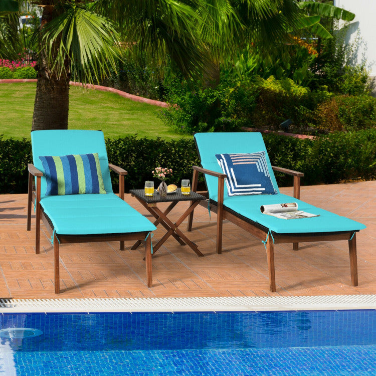 3-Piece Portable Patio Cushioned Rattan Lounge Chair Set with Folding Table